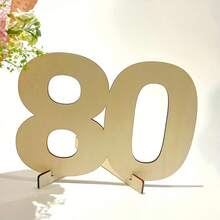 1pc Unfinished Wooden 80 Number Sign With Stand, Natural Wood Desktop Decor, DIY Blank Wooden 80 For 80th Birthday Anniversary Party, Elegant Party Table Decoration - A - View 1