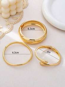 3pcs/1set Minimalist Geometric Asymmetrical Teardrop Thick Textured Gold-Tone Bangle Bracelet Set, Suitable For Women, Chunky Smooth Matte Heavy Metal & Zinc Alloy Material - Vàng - Xem 5