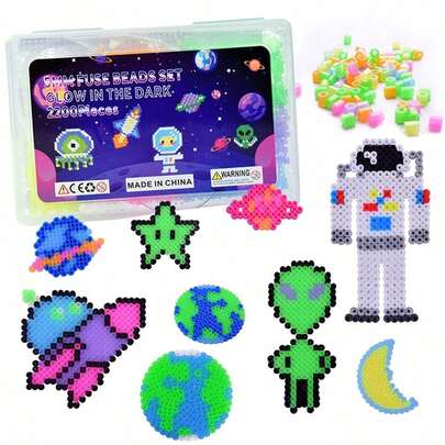 2200pcs 5mm Glow In The Dark Fuse Beads Kit For Kids, Iron Beads Set With 8 Colors, Space Alien Melting Beads Kit With Pegboard For Kids Crafts Decorations Birthday Christmas Gifts