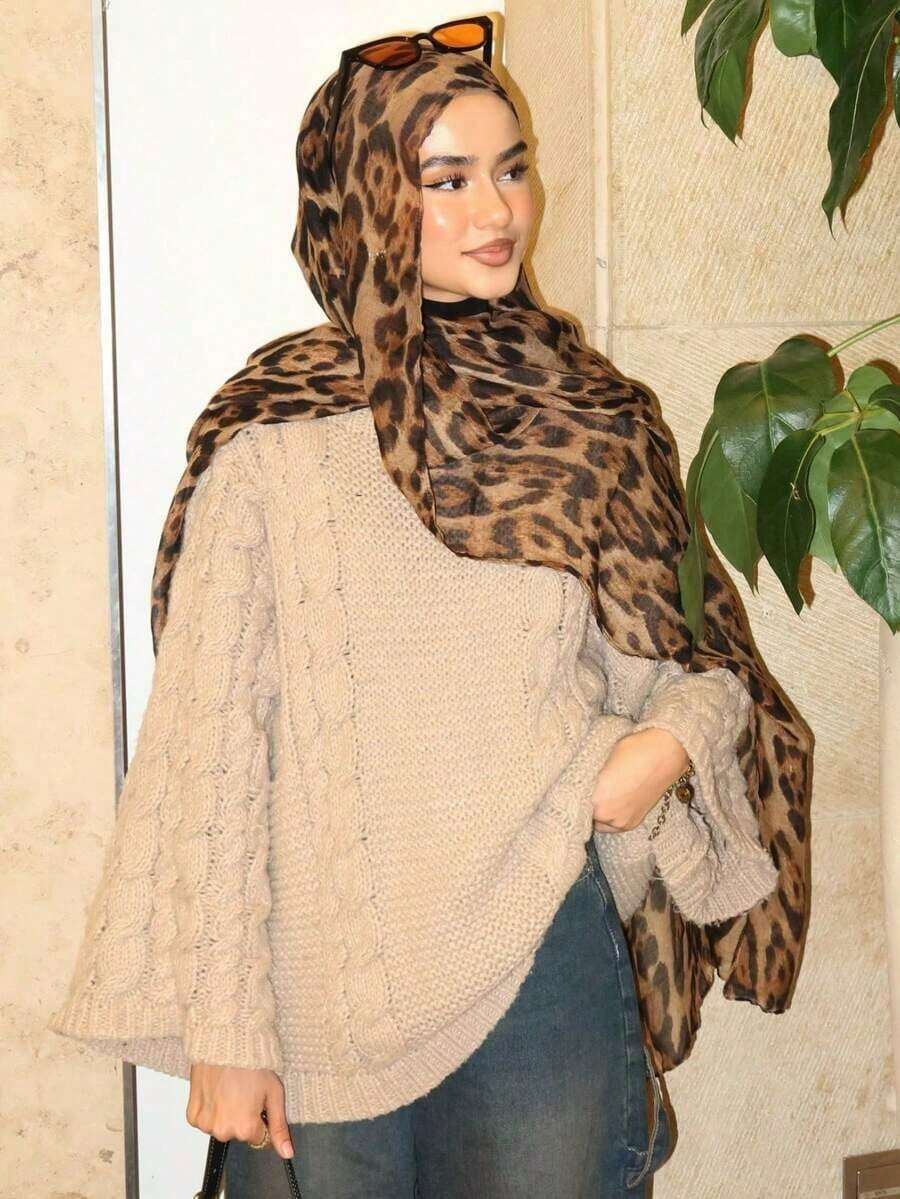 1pc Women's Scarf, Bohemian Leopard Print Headscarf, Lightweight & Breathable, Suitable For Women's Daily Wear, Can Be Paired With Abaya Robe And Veil - 卡其黑 - 查看 1