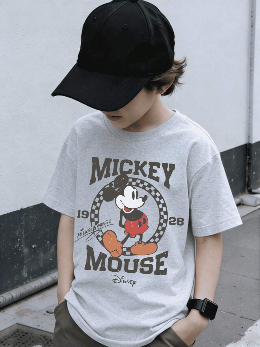 Disney 1928 Mickey Mouse Checkered Print T-Shirt Kids Comfortable Daily Casual Clothes For School Play Express Delivery - 灰色 - 查看 1