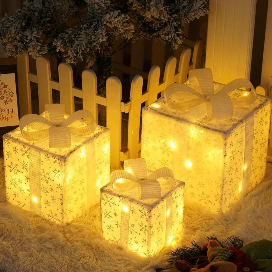 Cajas de Regalo Iluminadas Navidad 3 Piezas, Decoraciones con Brillo Navideño con 50 Luces LED y Control Remoto de 8 Modos, Árbol Navidad Decoración Fiesta Familiar Interior Exterior(Blanco) - Blanco - Ver 1