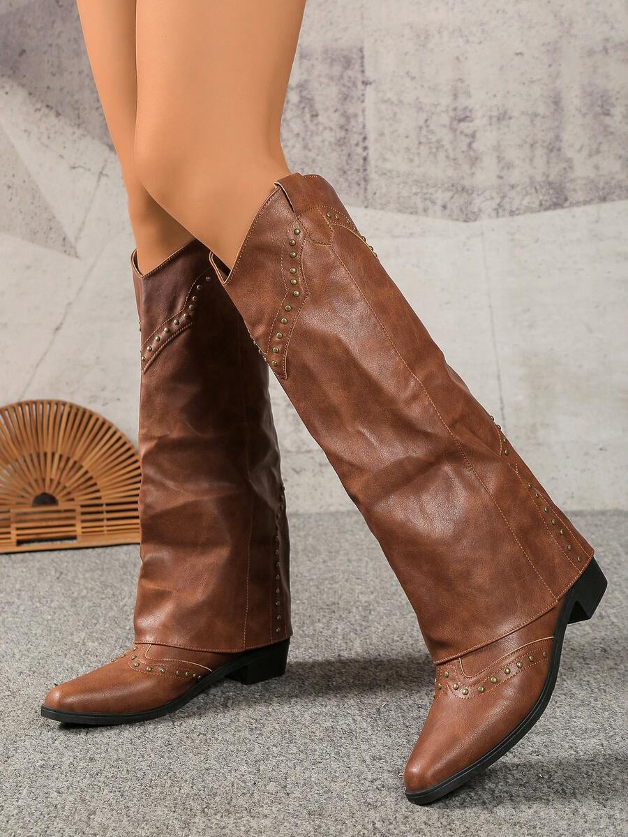 Women's Western Boots, Mid-Calf V-Neck, Brown, Rivet Decor, Square Toe, Low Chunky Heel, Mid-Calf Cowgirl Boots, - Brown - View 1