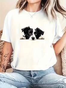 Mother's Day Border Collie Puppy Print Fashion Short-Sleeve, Casual Round-Neck T-Shirt, Women's Clothing - Black - View 7