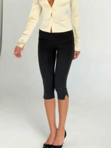 Women's Y2K Low Waist White Capri Leggings Fold Over Waistband Split Hem Solid Color Slim Fit Stretchy Cropped Leggings Buttery Soft High Elasticity Bodycon Skinny Basic Layering Pants Casual Daily Yoga Workout Gym Running Loungewear Streetwear Spring Summer Fall Comfortable Ladies Going Out Bottoms - màu đen - Xem 3