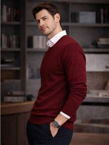 Men's Long Sleeve V-Neck Knit Sweater, Plain, Basic Slim Fit, Comfortable, Casual - Burgundy - View 1