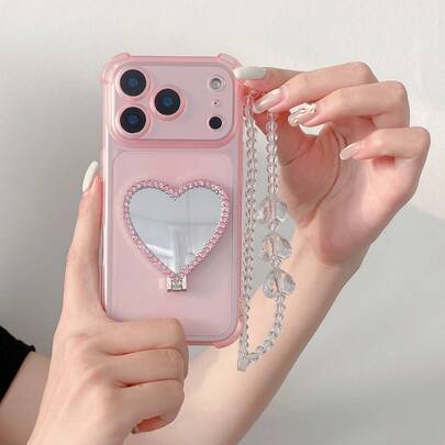 1pc Luxury Rhinestone Heart Folding Mirror Stand, 3pcs Heart Bracelets, Frosted Semi-Transparent/Full Corner Protection/Anti-Drop/Icy Soft Touch Phone Case Compatible With Apple 6/7/8/X/XS/XR/11/12/13/14/15/16/16E/17/17PM, Compatible With International Version Galaxy S22/23/24/25/S24 FE/S25 EDGE, A04/05/06/A14/A15/A16/A24/A25/A34, Note 7/8/9/10/11/12/13/14/15, 9/10/12/13C, Honor X7d/X9d, V50/V70, A5/A3/A6