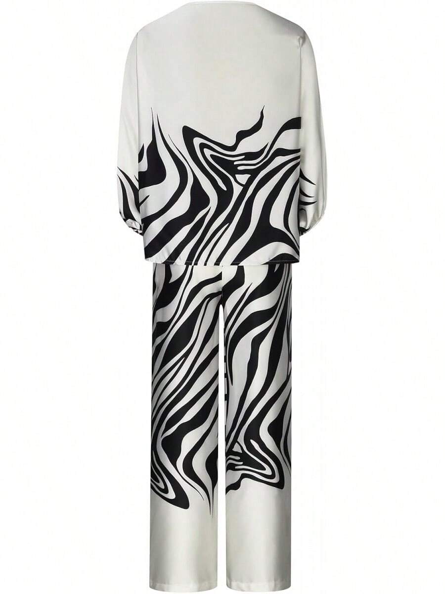 Off Shoulder Jumpsuit For Women, Multiple Colors Geometric Print Lantern Sleeve One Piece, Evening Party Glamorous Formal Outfit - Black - View 1