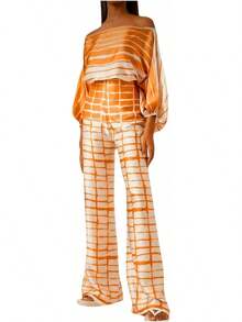 Off Shoulder Jumpsuit For Women, Multiple Colors Geometric Print Lantern Sleeve One Piece, Evening Party Glamorous Formal Outfit - Yellow - View 6