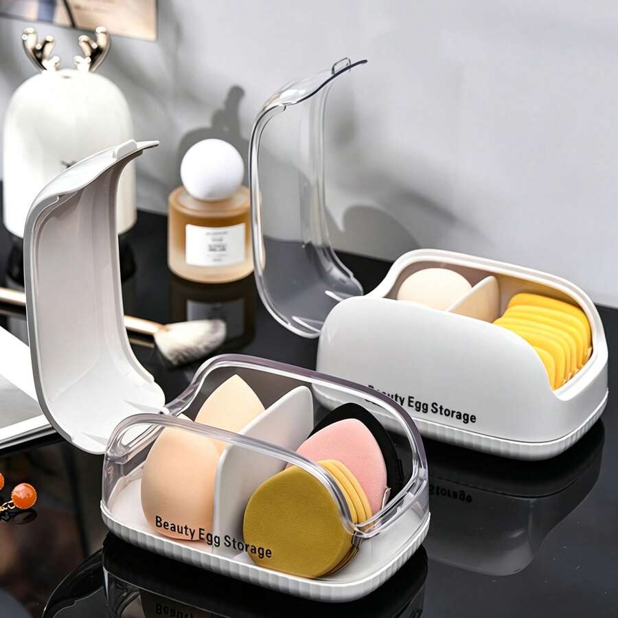 Caja de almacenamiento 2 en 1 para huevo de belleza, organizador a prueba de polvo para esponjas de maquillaje y borlas de polvo