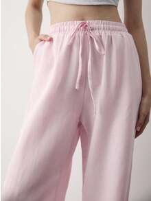Women Linen Blend High Waist Drawstring Wide Leg Pants Casual Summer Loose Fit Trousers - Pink - View 2