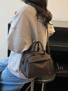 女士休闲单肩运动包/斜挎包，易于搭配和清洁，格子面料，多拉链大容量手提包 - 黑色 - 查看 8