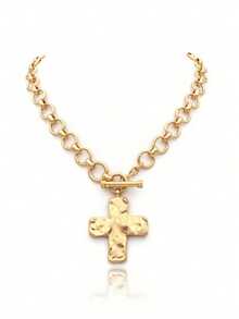 Hammered Bold Cross Necklace Thick Chain Set For Women Men Chunky Golden Silvery Statement Pendant Necklace Vintage Chain Pendant Jewelry - 金色 - 查看 1