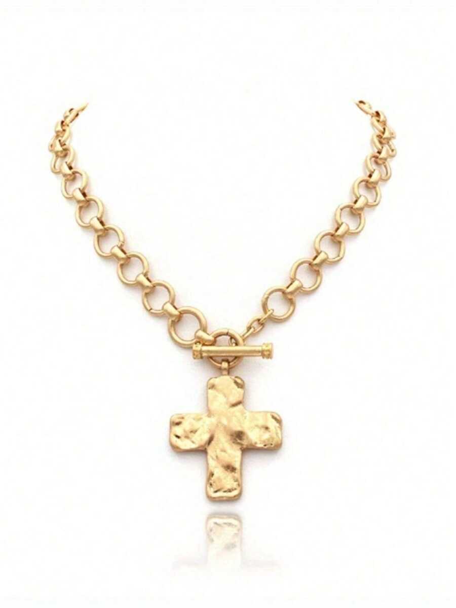Hammered Bold Cross Necklace Thick Chain Set For Women Men Chunky Golden Silvery Statement Pendant Necklace Vintage Chain Pendant Jewelry - 金色 - 查看 1