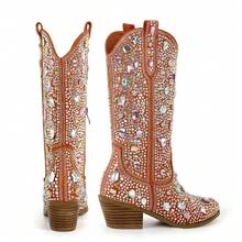 Women's Rhinestone Cowboy Boots, Mid-Calf Western Boots, Sparkling Women's Cowboy Boots, 2-Inch Heel, Slip-On Mid-Calf Boots, Stylish Riding Boots - 寶石橙 - 查看 5