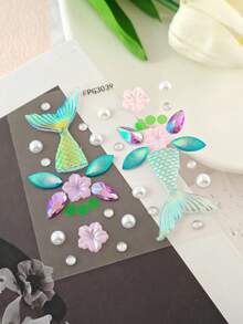 1pc Mermaid Tail Holographic Face Jewel Sticker, Laser Fish Scale Pearl Sakura Design, Waterproof Long-Lasting Bindi, Decor For Beach Vacation/Music Festival Makeup, Dreamy Mermaid Style Face Gems,Concert Look,Rhinestone Face Sticker - Multicolor - View 10
