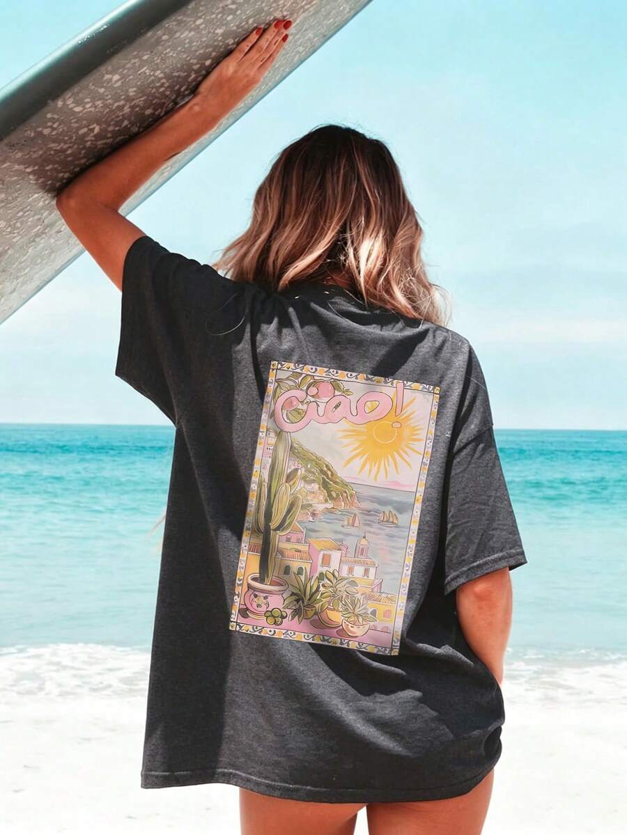 New Summer Women Casual Colorful Letter & Sunset Print Round Neck Pink Short Sleeve T-Shirt, Fashion Versatile, Suitable For Ladies Daily Leisure And Spring Vacation