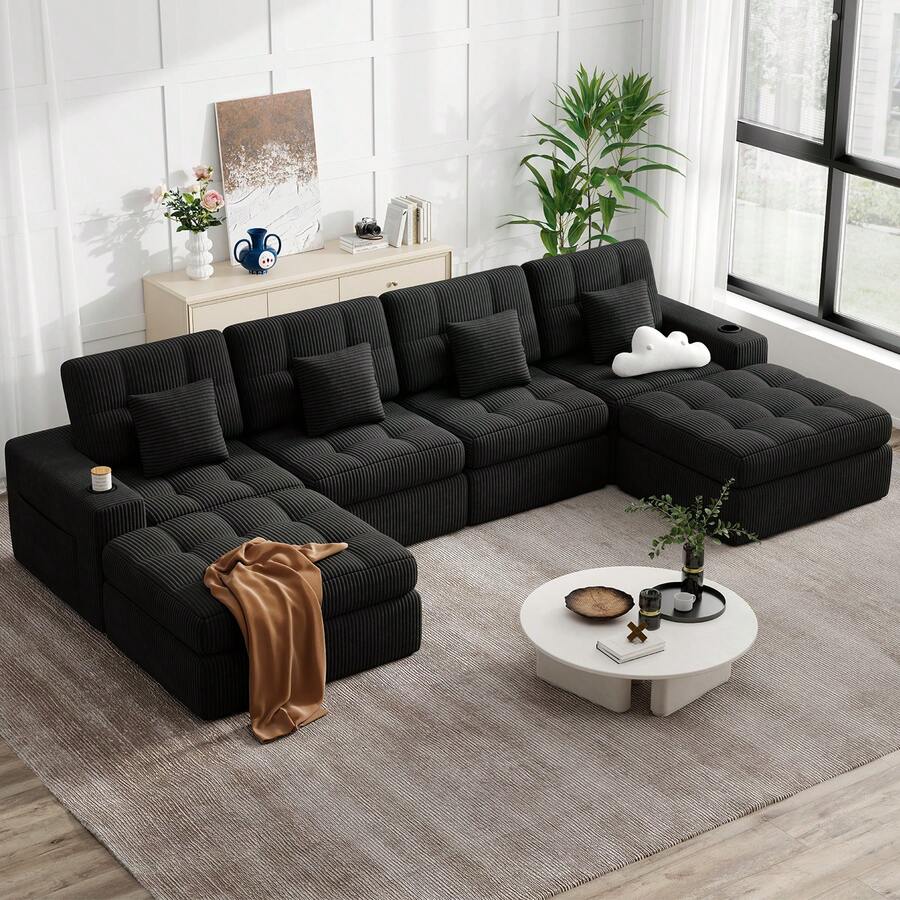 Nalupatio 144" U Shaped Cloud Boneless Couch,Modern Modular Sectional Sofa With Layered Cushion,No Assembly Convertible Corduroy Couches For Living Room,Black 1 PCS