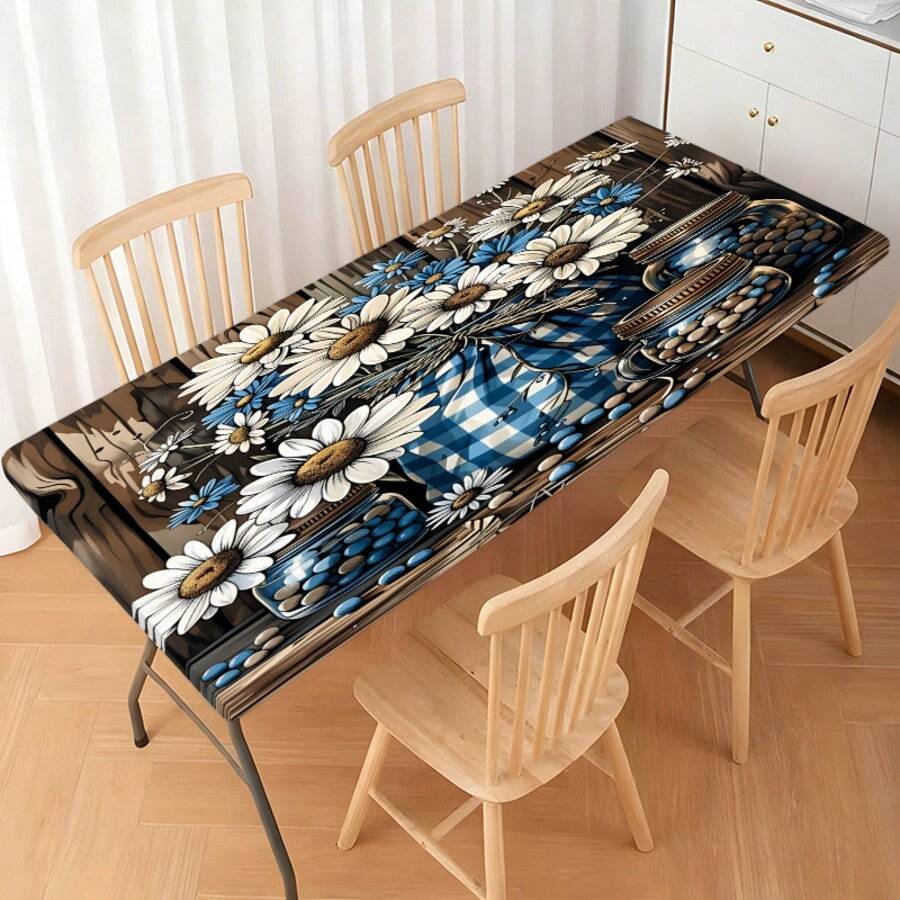 1pc Vintage Wood Grain Daisy Elastic Tablecloth, Full Coverage Anti-Slip Dining Table Cover, Suitable For Home, Living Room, Dining Room, Outdoor Camping, Picnic And Garden Party - Durable Polyester Material, Easy To Clean - Multicolor - View 1