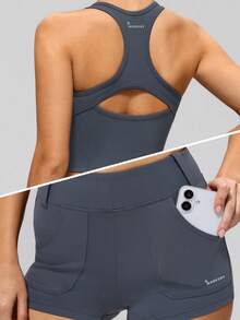 MASKERT 女士修身交叉吊带背心和短裤套装，高弹瑜伽健身两件套，运动服 - 藏蓝色 - 查看 4