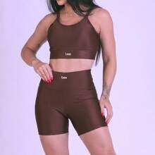 Kit Of 2 Bee Zero Transparency Premium Comfortable Fitness Sets: High-Waisted Shorts, Cropped Top With Padding, Perfect For Workouts And Gyms - Brown and Terracotta - View 3