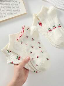 5 pares de calcetines de tobillo de encaje blanco con estampado de cerezas para mujer, transpirables y antideslizantes, adecuados para primavera y verano - Blanco - Ver 4