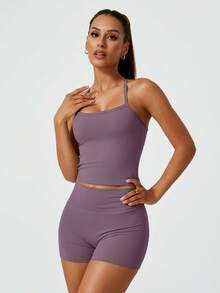 NcmRyu Women's Halter Backless Yoga Top & Booty Shorts Set, Naked Feel Yoga Outfit, Fitness Sports Suit - Màu tím - Xem 7