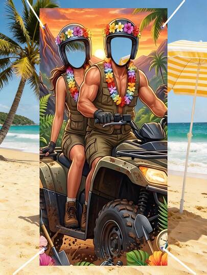 1pc Hawaii Kona Coffee & Off-Road Vehicle Adventure Photo Backdrop, Polyester Fabric Tropical Photo Booth Prop Printed With Coffee Farm, Off-Road Vehicle, Floral Wreath, Sunset Ocean And Tropical Flowers, Reusable For Hawaiian Luau, Summer Vacation, Tiki Party, Farm And Adventure Themed Family Party Photo Backdrop