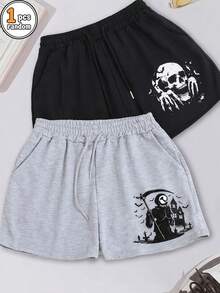 1-Pack (Not Multiple Pieces, Random Color Shipped) Unisex Street-Style Shorts, Suitable For Daily Casual Outfits And Going Out, Skull Pattern, Loose Comfortable Fit, Suitable For All Seasons, Selected Single Style (Only 1 Piece Shipped) - Black - View 1