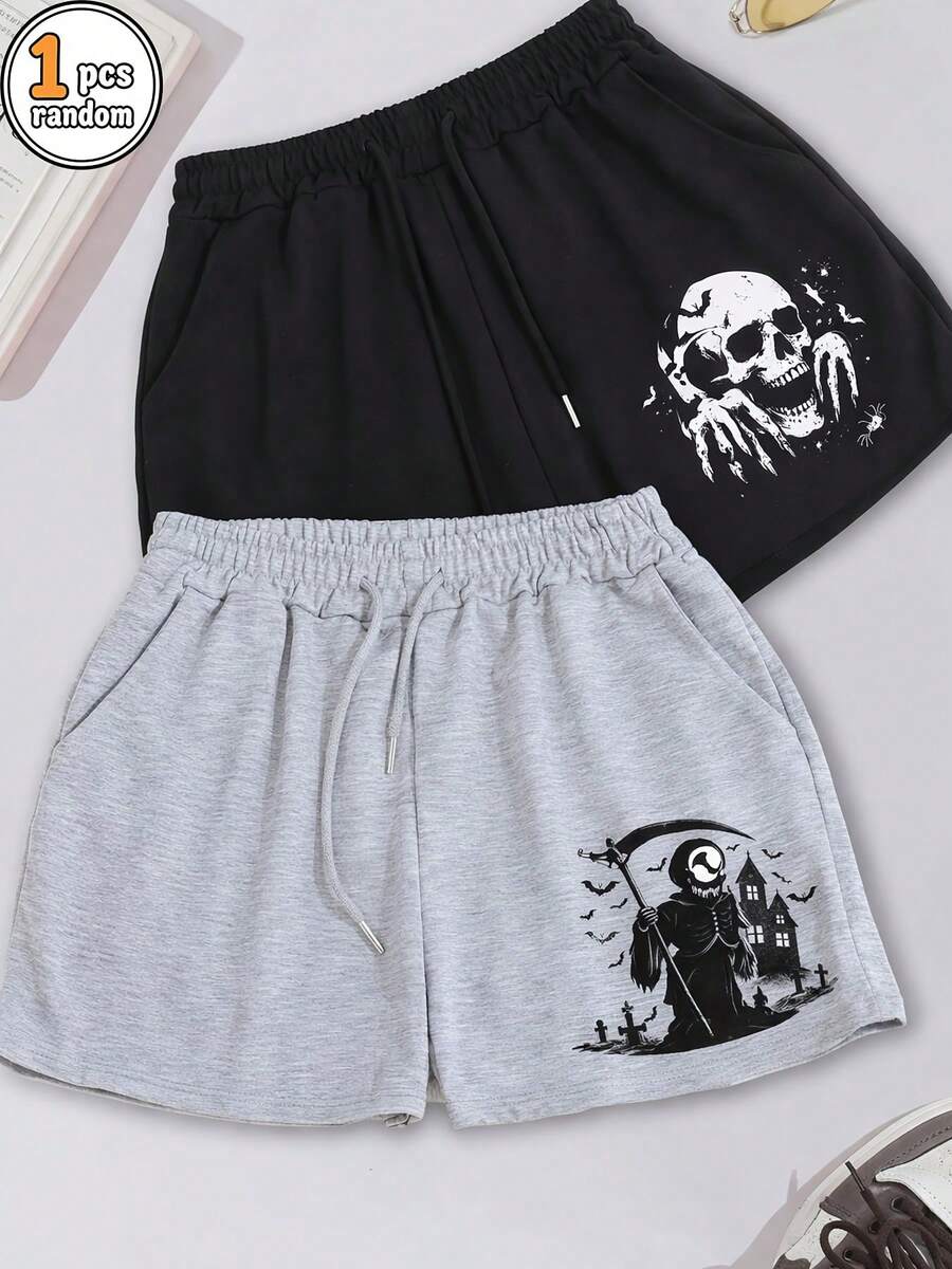 1-Pack (Not Multiple Pieces, Random Color Shipped) Unisex Street-Style Shorts, Suitable For Daily Casual Outfits And Going Out, Skull Pattern, Loose Comfortable Fit, Suitable For All Seasons, Selected Single Style (Only 1 Piece Shipped) - Black - View 1