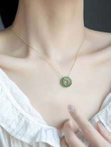 1pc 18K Gold Stainless Steel Faux Green Jade Round Pendant Necklace, Suitable For Women's Daily Wear, Valentine's Day Gift - Nhiều màu - Xem 1