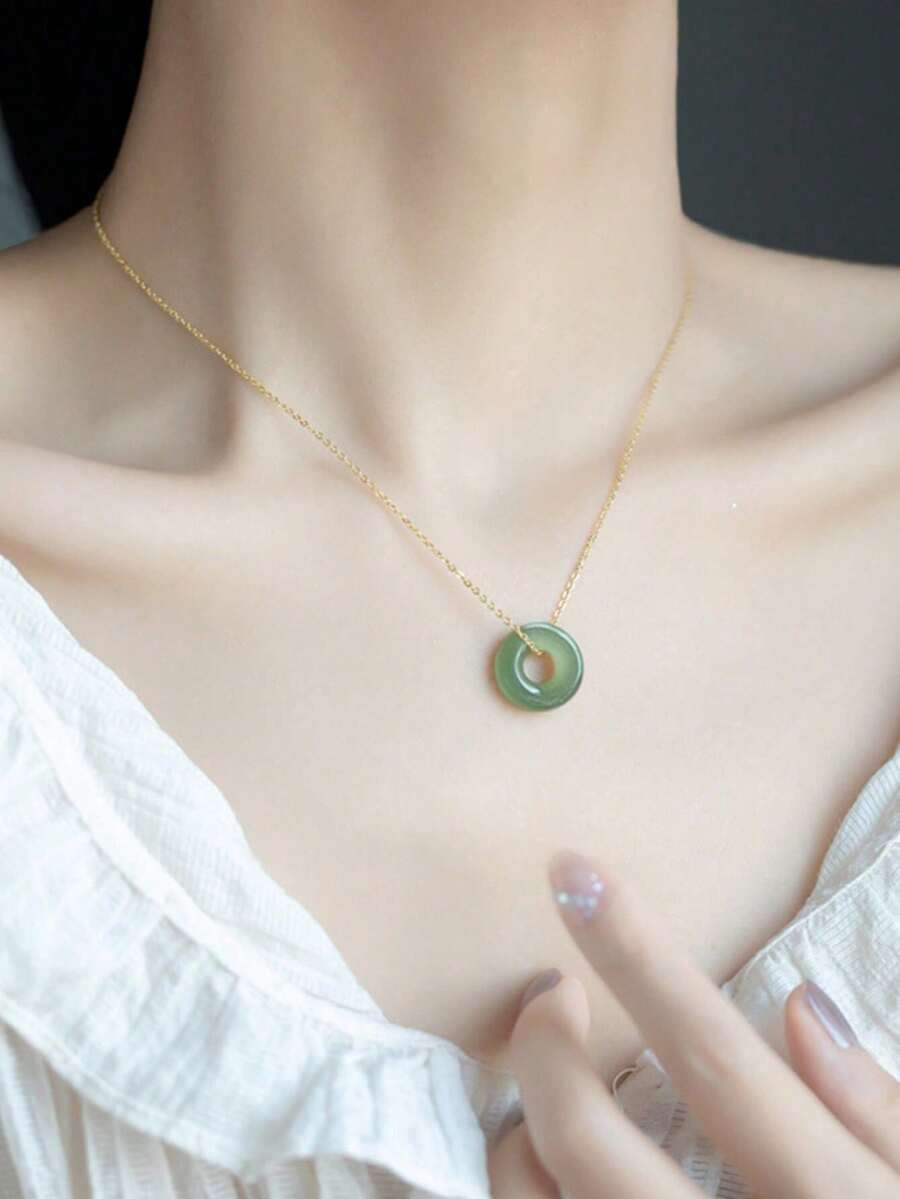 1pc 18K Gold Stainless Steel Faux Green Jade Round Pendant Necklace, Suitable For Women's Daily Wear, Valentine's Day Gift - Nhiều màu - Xem 1