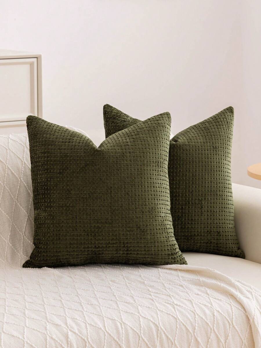 1pc Chenille Decorative Pillow Cover, Soft Woven Texture Luxury Cushion Cover For Bed And Living Room Sofa - Olive Green - View 1