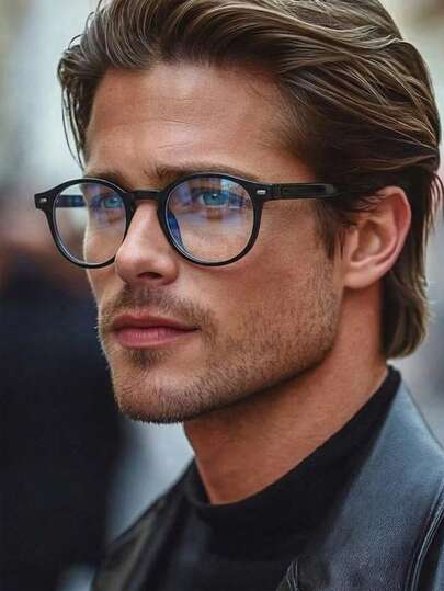 1 Pair Men's Black Round Frame PC Rivet Decor Classic Versatile Non-Prescription Glasses