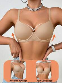 Women's Solid Color Underwire Push-Up Bra, Comfortable Wide Hem Support Bra - Apricot - View 3
