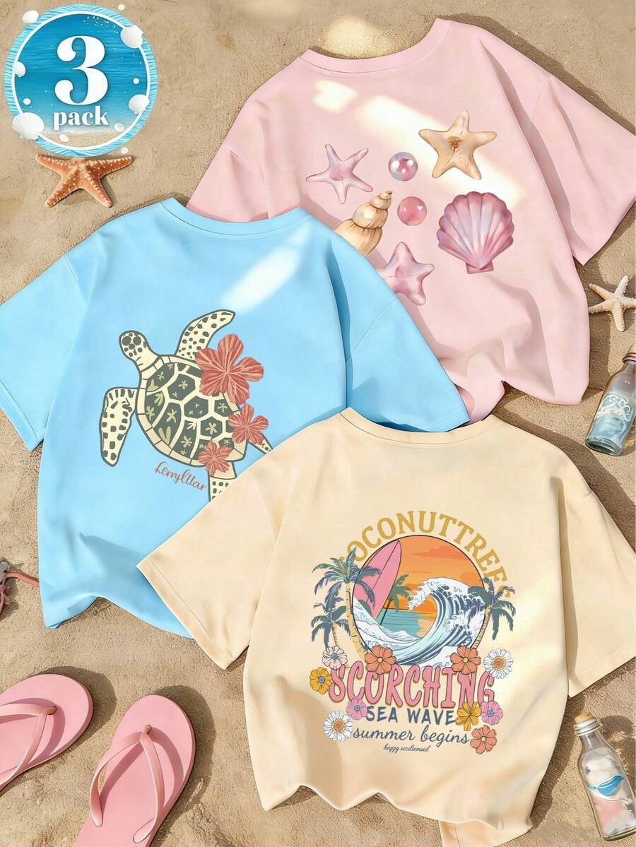 Bộ 3 áo thun ngắn tay cổ tròn in họa tiết ngộ nghĩnh dành cho nữ tuổi teen, thích hợp mặc mùa hè. - Màu xanh nhạt - Xem 1