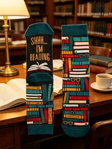 1 Pair Vintage Book Stack Patterned Mid-Calf Socks, Colorful Literary Themed Mid-Calf Socks, Gift For Book Lovers - Multicolor - View 3