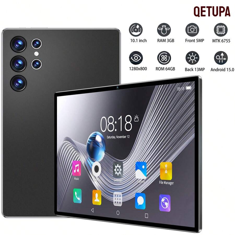 Qetupa 10.1 吋 Android 15 平板電腦 Z50，3GB RAM + 64GB ROM，MTK 6755 八核心 1.8GHz 處理器，HD (1280x800) IPS 觸控螢幕，BT 5.2 與 802.11ac WiFi5，GPS，5MP 前置鏡頭與 13MP 後置鏡頭，6000mAh 大電池（不支援 SIM 卡且不附適配器） - 黑色 - 查看 1