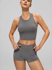 MASKERT Women's Fitted Criss-Cross Camisole And Shorts Set, High Stretch Yoga Fitness 2 Pieces Outfit, Sportswear - Flint Stone - View 6