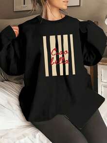 Women's Round Neck Sweatshirt, Sweet And Fresh Knitted Sweatshirt With Graphic Print, Long Sleeve - Black - View 6