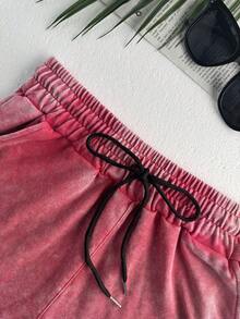 LQTY 纯棉夏季女式纯色复古黑色短袖水洗T恤和红色抽绳短裤两件套，街头运动T恤套装 - 彩色 - 查看 6