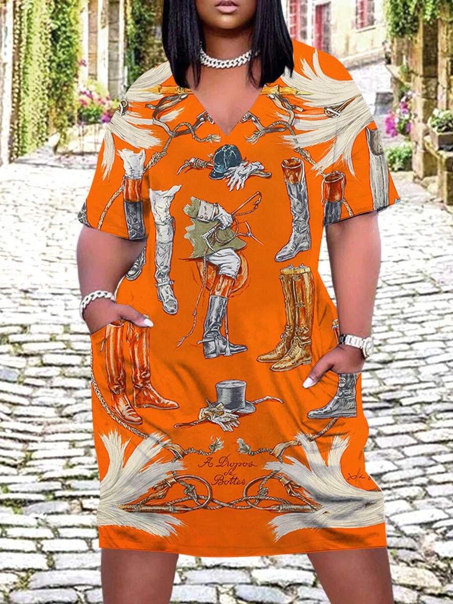 Orange Boots And Feathers Print Women's Plus Size V Neck Dress With Pockets Comfortable Breathable Fashion Casual Outfit Womens Clothes 250g - 彩色 - 查看 1