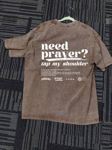 Jesus Pure Cotton T - Shirt Need Prayer? Tap My Shoulder IVVISGLORY Graphic TEE, Double - Sided Printing. Christmas Men's Summer Crew - Neck T - Shirt, Washed, 100% Pure Cotton, 230g, 1 Piece. Men's Top, A Gift For Family And Friends - 咖啡棕 - 查看 2
