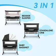3-In-1 Baby Crib, Baby Bed,Baby Bassinet,Boasting Effortless Smooth-Gliding Wheels, Height-Adjustable Frame, Gentle Rocking Motion, Breathable Mesh Panels For Optimal Airflow,Bedside Bed For Babies,Essential Goodies For Growing Kids, Baby Need,Baby Stuff, Essential For New Mothers,Newborn Gift,Baby Christmas Gift - Màu xám đen - Xem 10