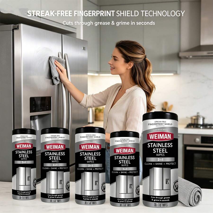Weiman Stainless Steel Cleaner & Polish Kit, 1 Wipes & Cloth, Anti-Fingerprint, Removes Grease, Water Spots, Streaks & Residue, Polishing Cleaner Safee For Appliances, Chromee, Sinks & Grill Exteriors - 2pcs - Xem 1