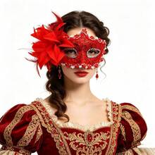 1pc Women's Sexy Red/Purple Lace Feather Rose Side Flower Mask - Can Be Used As Ball Party Decoration Accessory/Performance Prop/Photography Prop/Cosplay Prop,Halloween - Red - View 2