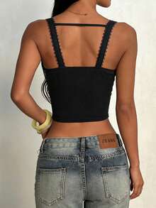 Top ajustado minimalista de verano XINMEI, camiseta de mujer con parches de encaje y detalle de lazo, adecuado para la playa, vacaciones, citas, fiestas, festivales, bodas y otras ocasiones - Negro - Ver 2