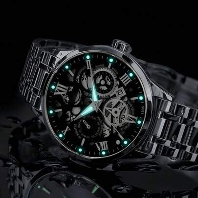 Versatile Men's Stainless Steel Mechanical Watch, Date Display Casual Style