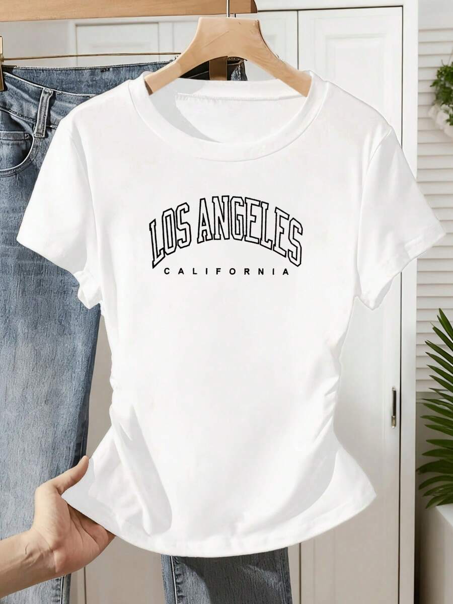 New Women's Pleated Waist-Cinching Round-Neck Short-Sleeve T-Shirt With Los Angeles California Letter Print Design, Stylish And Unique, Pleated Slim-Fit Top - 白色 - 查看 1