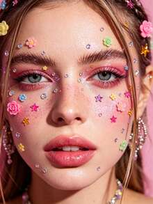 1pc Macaron Rose Starry Face Decorative Rhinestone Sticker, Colorful Soft Gel Rose + Holographic Star Rhinestone Design, Waterproof & Long-Lasting, Suitable For Hanfu, Sweet Girl, Music Festival Makeup,Concert Look,Face Gems,Rhinestone Face Sticker - Multicolor - View 3